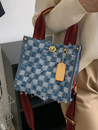 Denim Checkerboard Tote Bag - ECHOINE