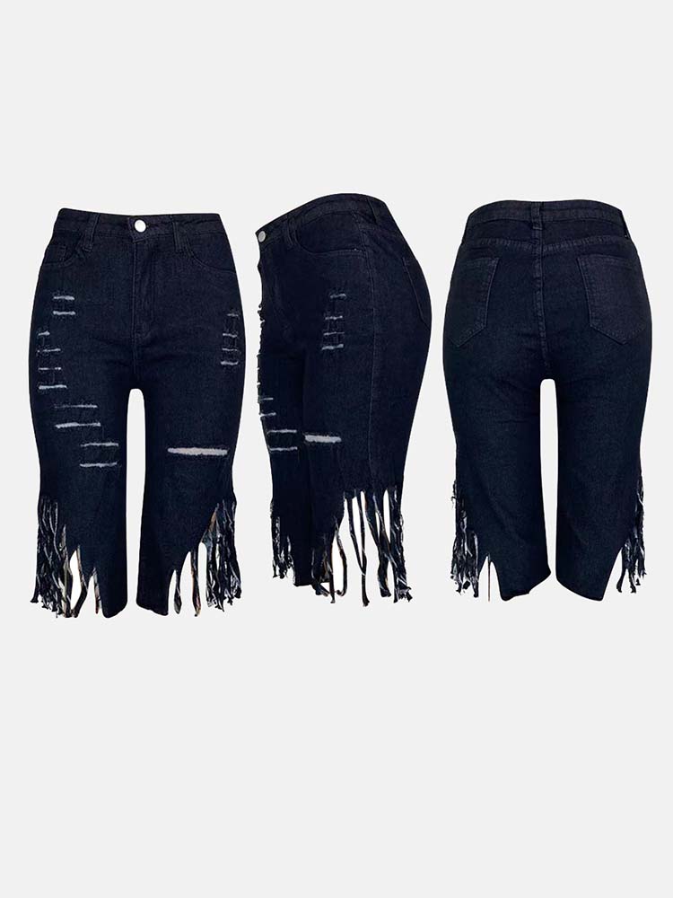 Tassel Ripped Bermuda Jeans - ECHOINE