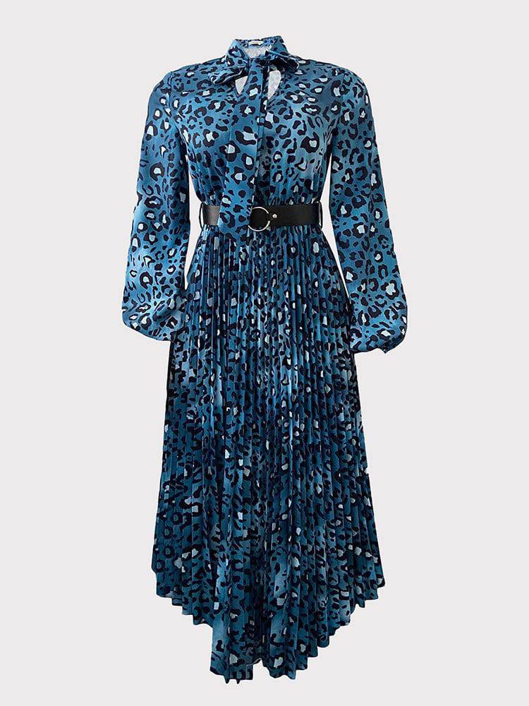 Leopard Print Bowknot Pleated Dress - ECHOINE