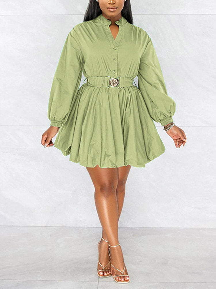 Belted Puffy Sleeve Solid Dress - ECHOINE