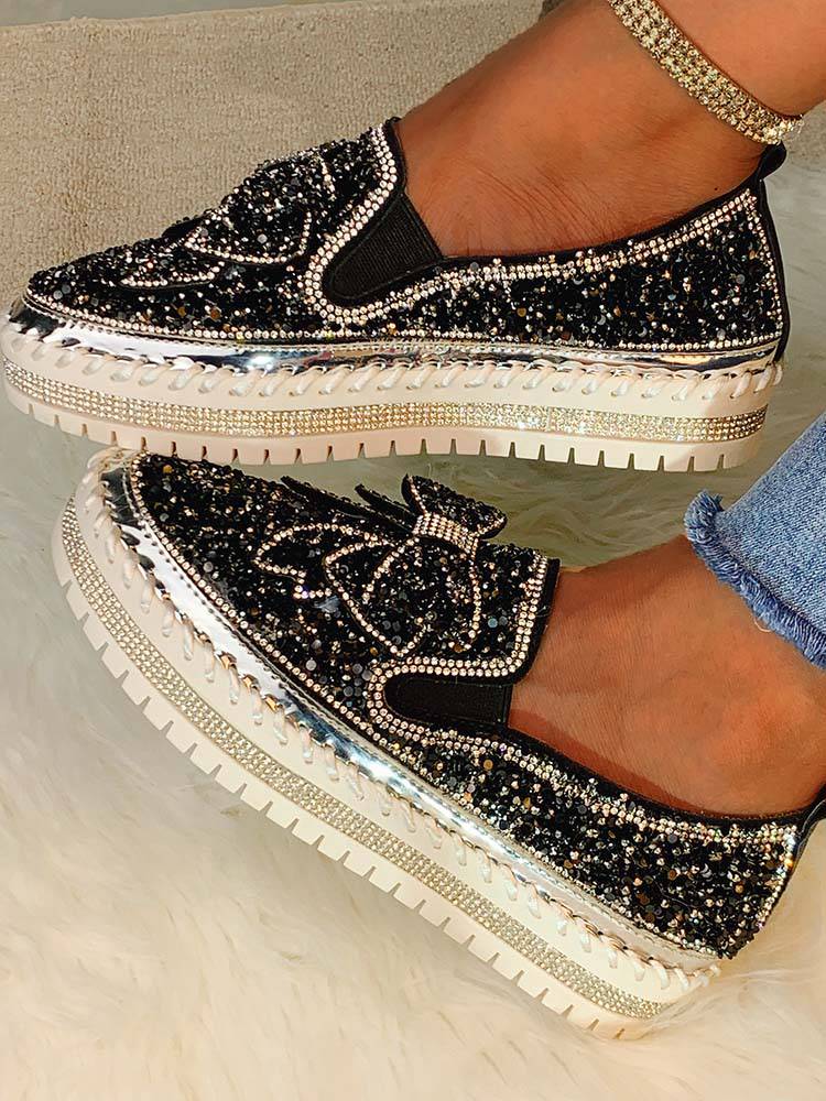 Bowknot Rhinestone Loafers Shoes - ECHOINE