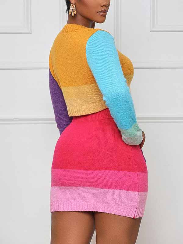 Knit Color Block Crop Top And Skirt Set - ECHOINE
