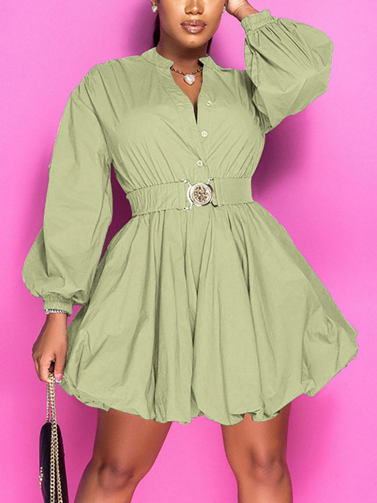 Belted Puffy Sleeve Solid Dress - ECHOINE