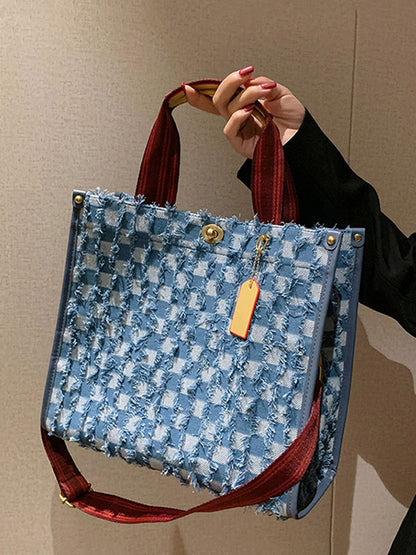 Denim Checkerboard Tote Bag - ECHOINE