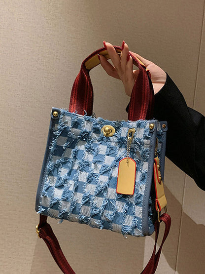 Denim Checkerboard Tote Bag - ECHOINE