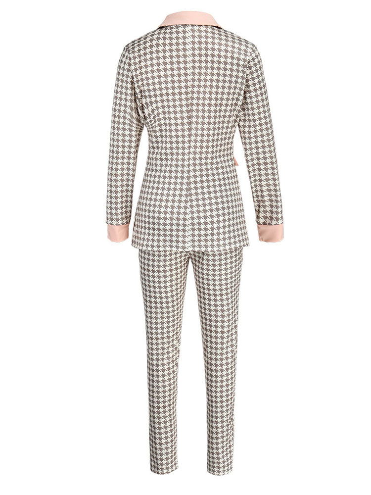 Houndstooth Turndown Collar Blazer Set - ECHOINE