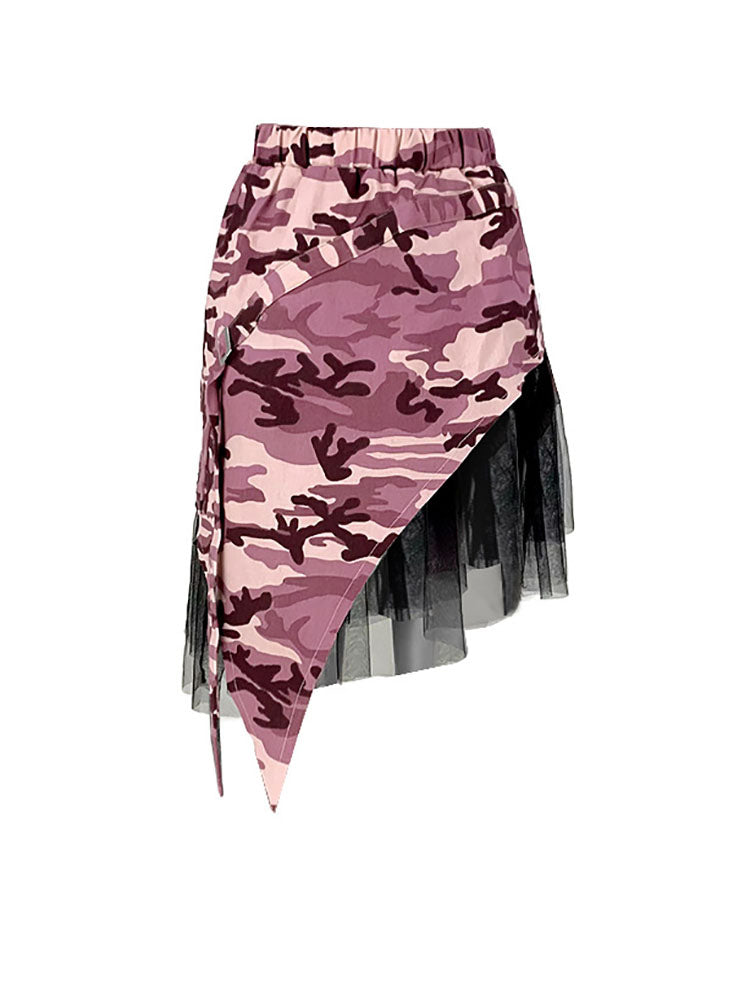 Camouflage Mesh Patchwork Irregular Skirt - ECHOINE