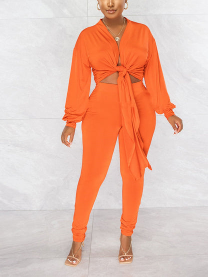 Tie Front Crop Tops and Pants Set - ECHOINE