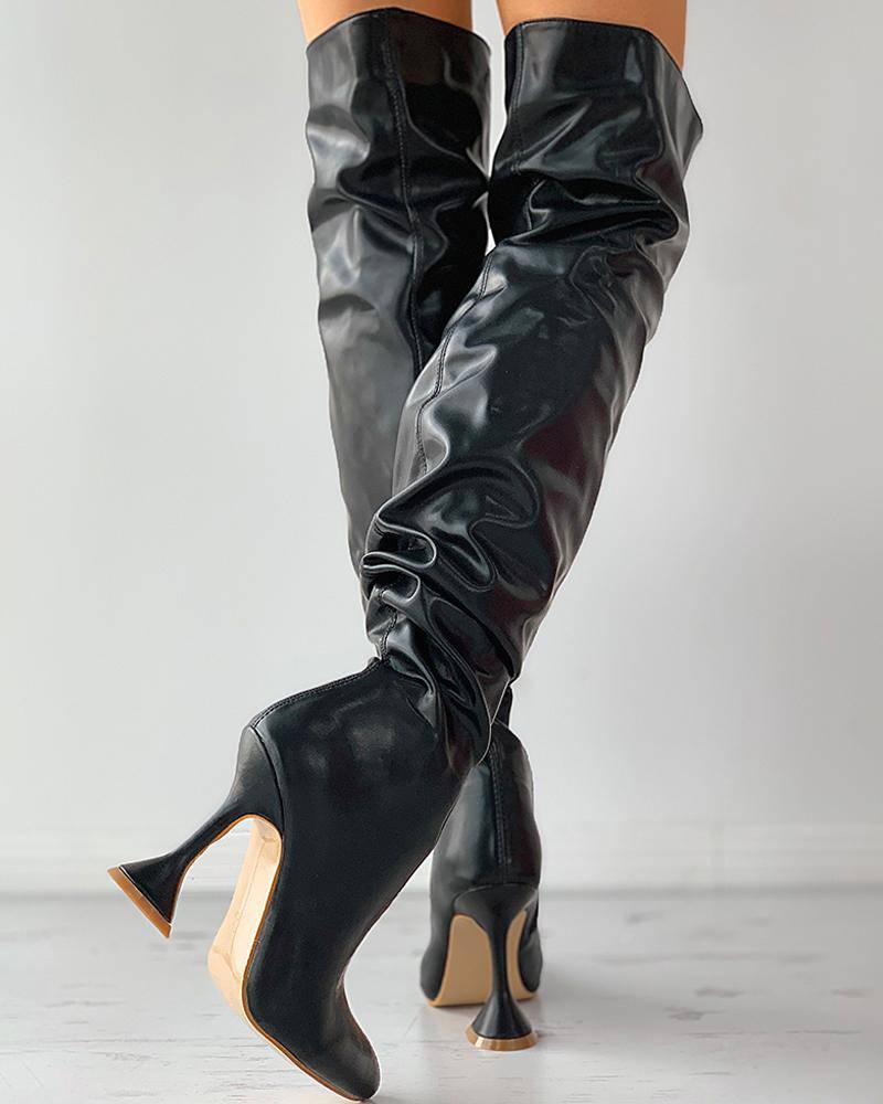 Pointed Toe Sculptural Heeled Over The Knee Boots - ECHOINE