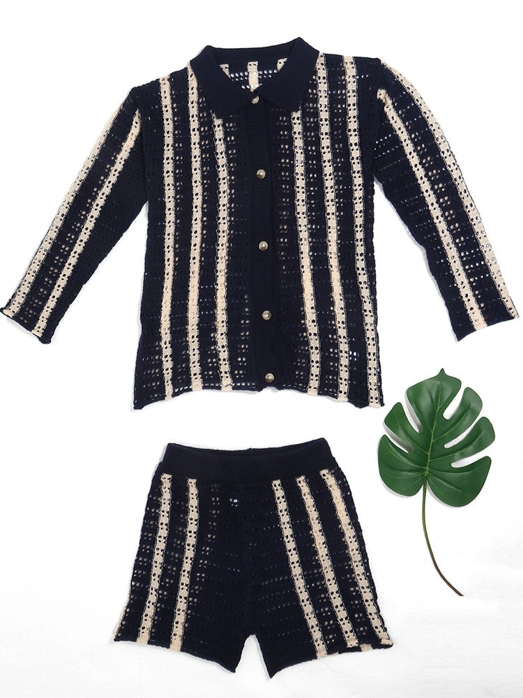 Striped Knitted Cardigans Shorts Set - ECHOINE