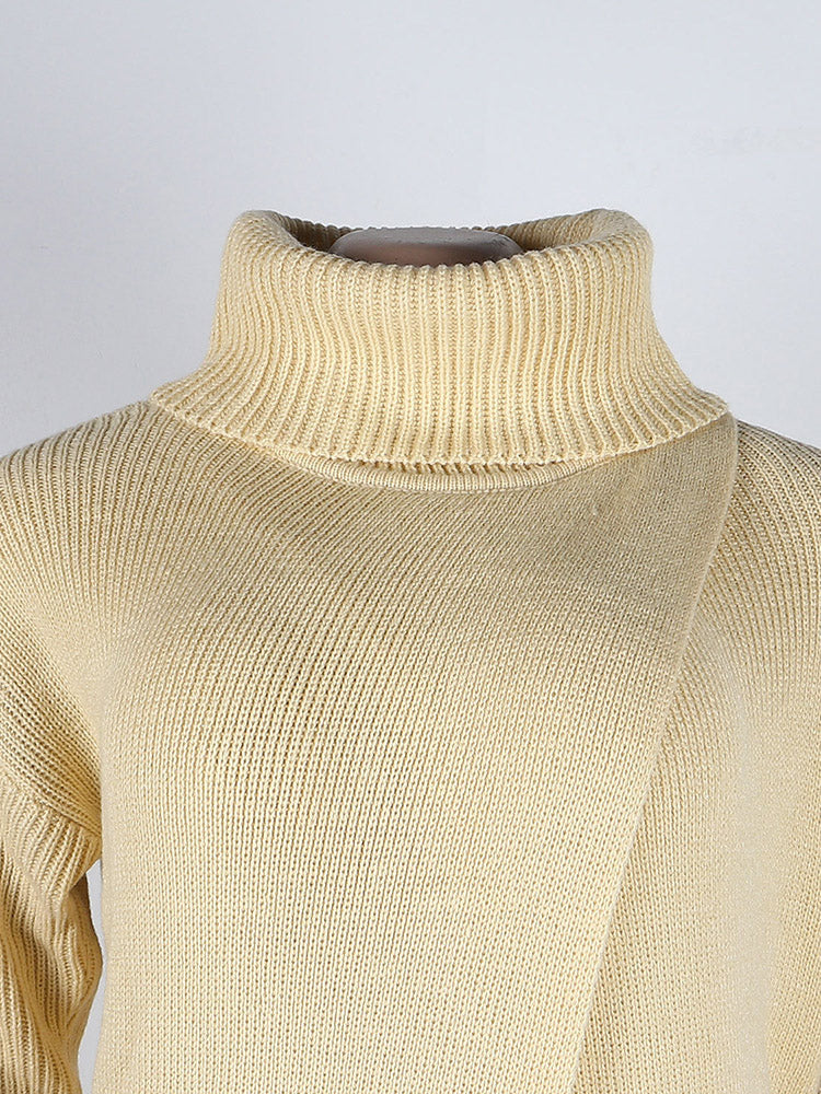 Knitted Turtleneck Slit Hem Sweater - ECHOINE