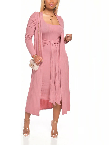 Ribbed Cardigan Tie Front Dress Sets - ECHOINE