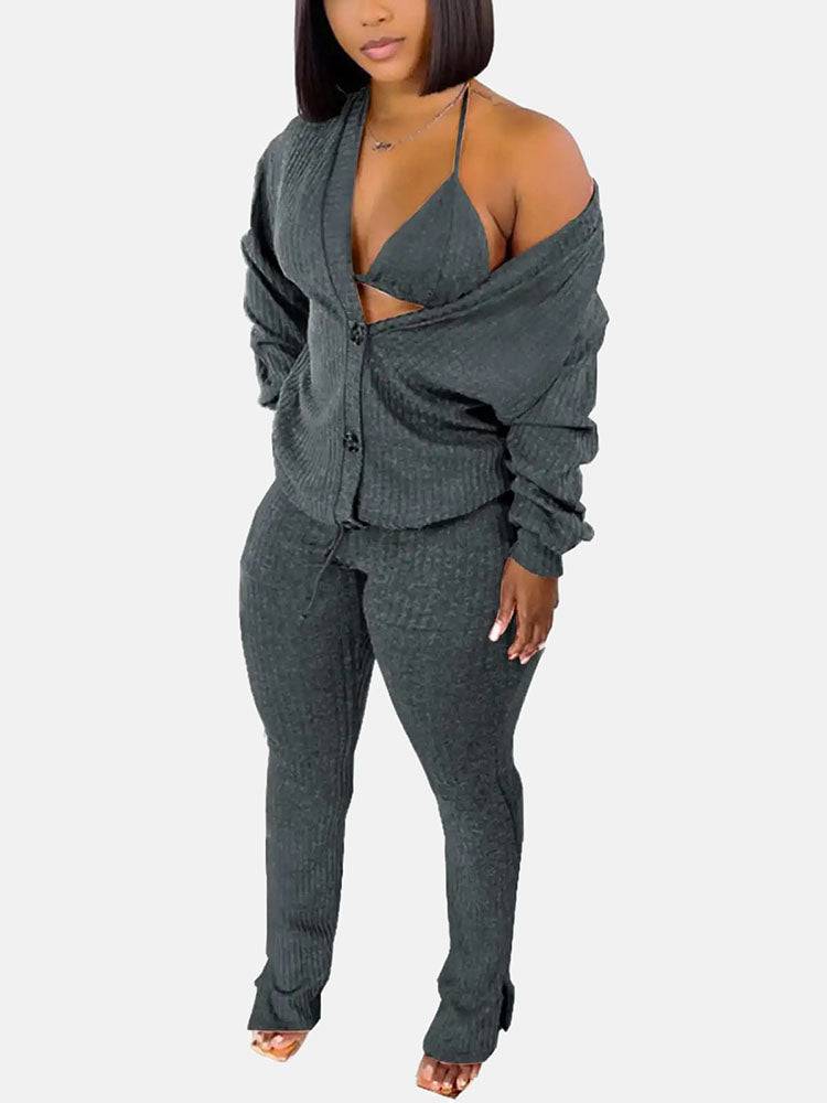 Cardigan Crop Tops & Pants 3 Piece Set - ECHOINE