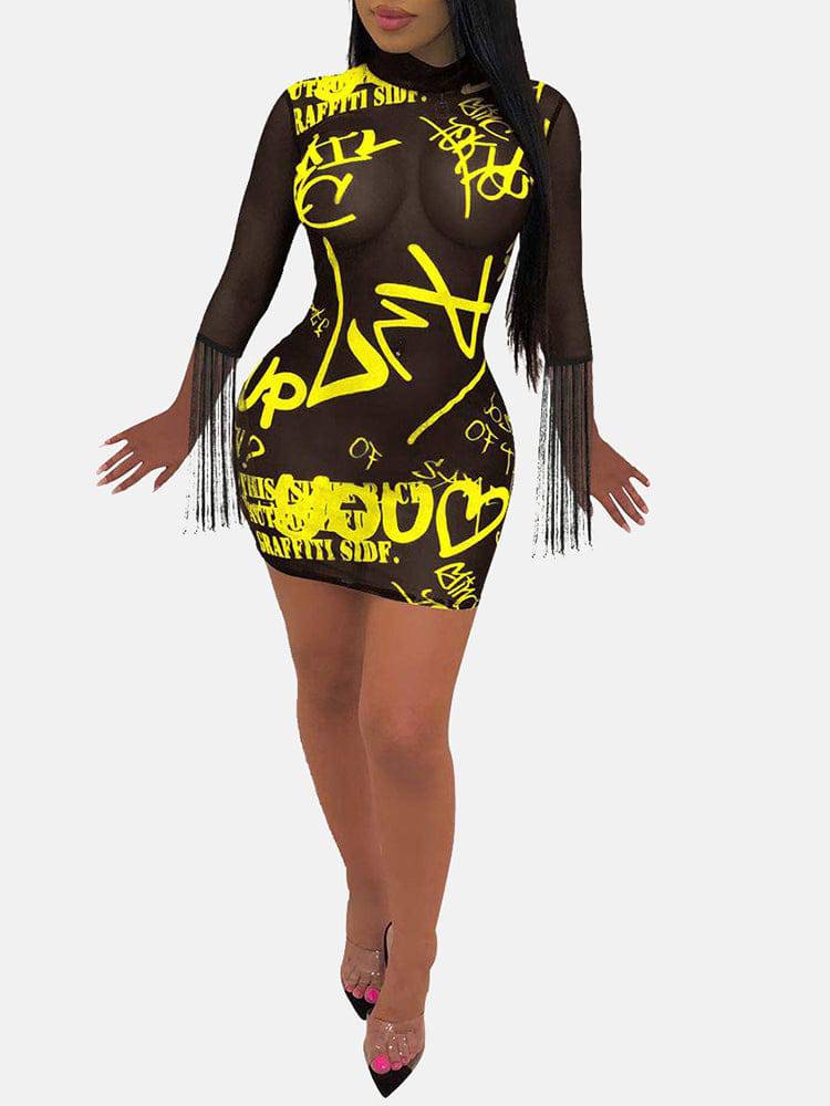 Print Bodycon Mini Mesh Sheer Dress - ECHOINE