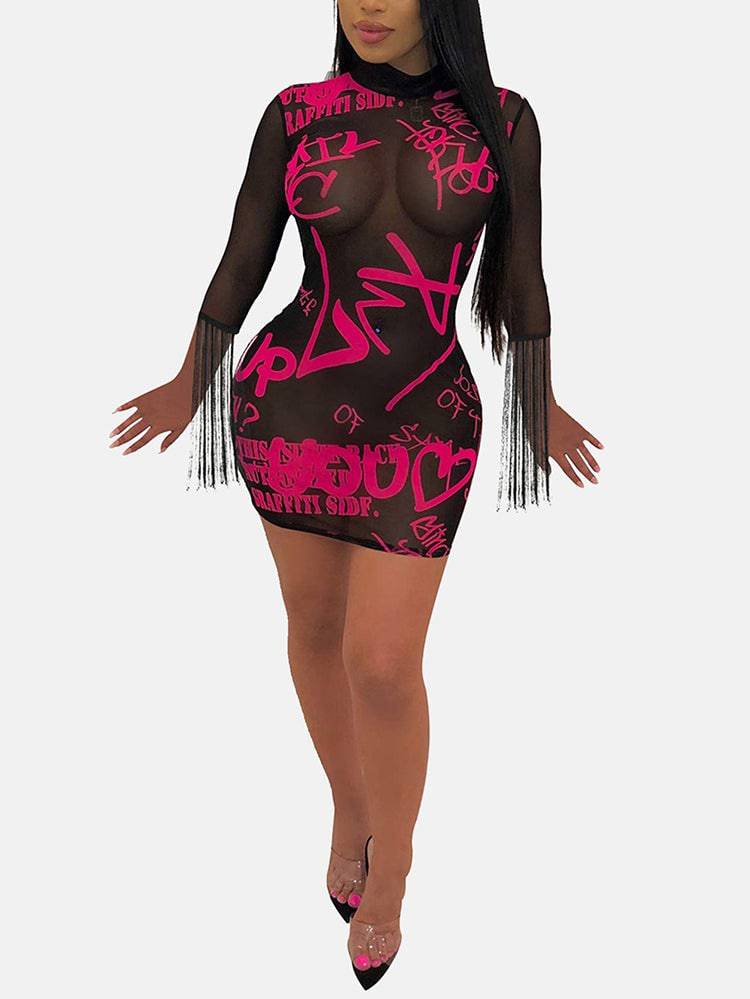 Print Bodycon Mini Mesh Sheer Dress - ECHOINE
