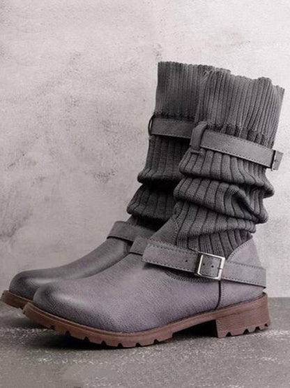 Knit Adjustable Buckle Boots - ECHOINE