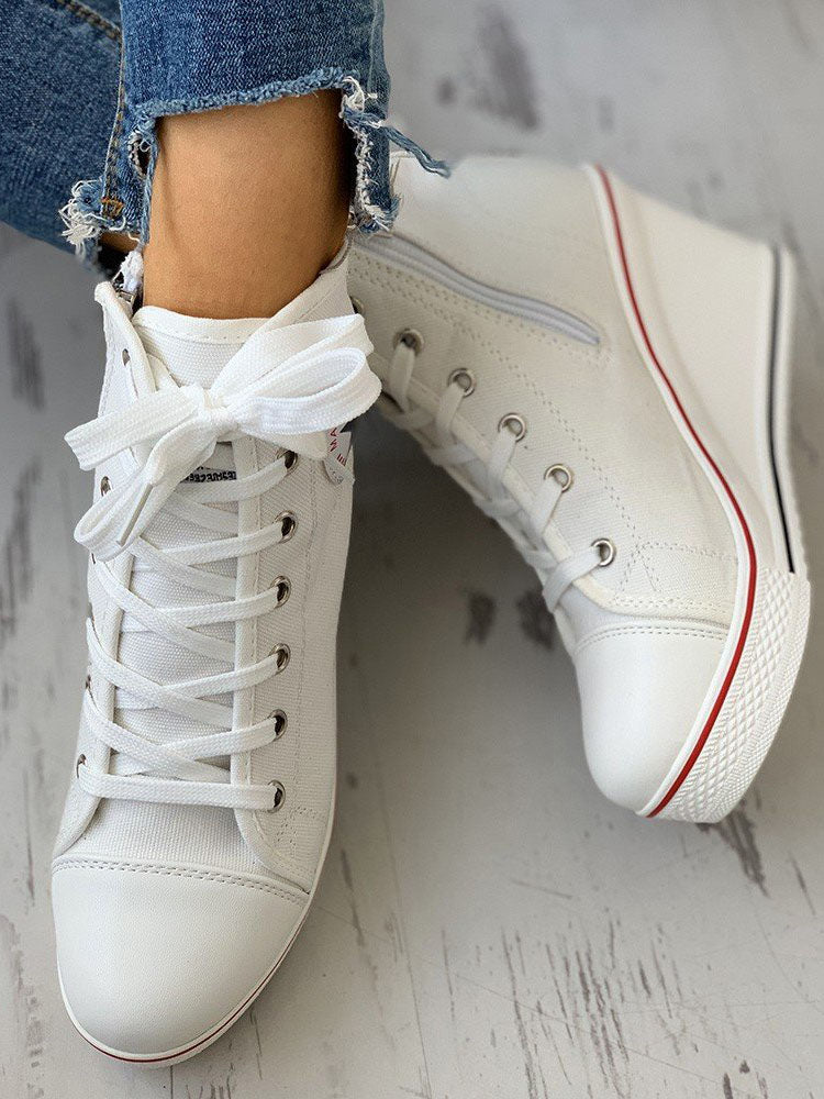 Lace-Up Thick Soled Heel Canvas Sneakers - ECHOINE