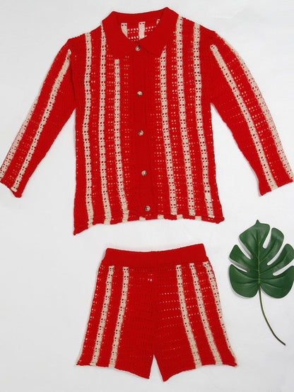 Striped Knitted Cardigans Shorts Set - ECHOINE