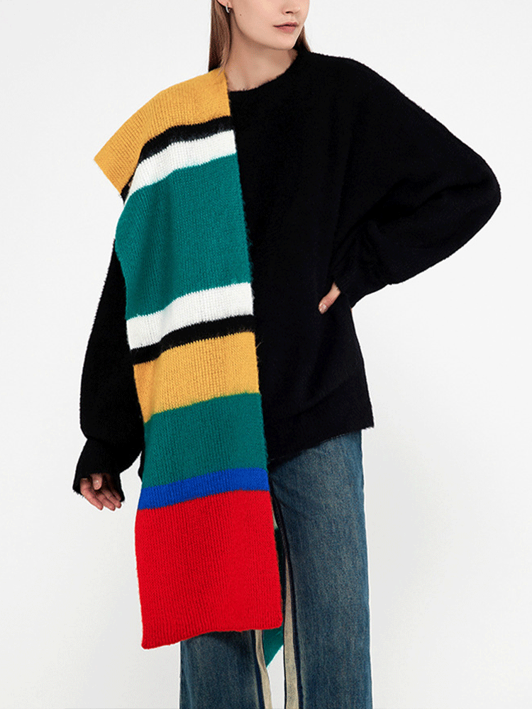 Knitted Color Block Long Scarf - ECHOINE