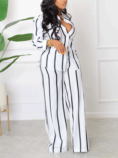 Striped Turndown Collar Long Sleeve Set - ECHOINE