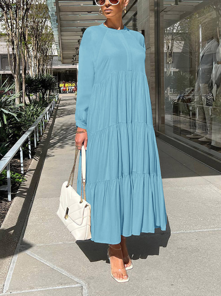 Solid Color Long Sleeve Ruffle Dress - ECHOINE