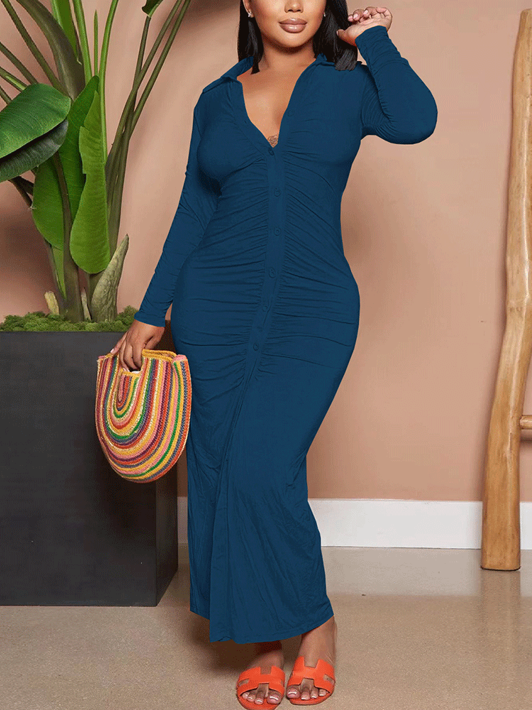 Solid Ruched Button Maxi Dress - ECHOINE