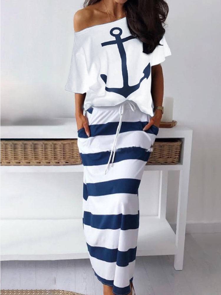 Print Off Shoulder Striped Skirt Set - ECHOINE
