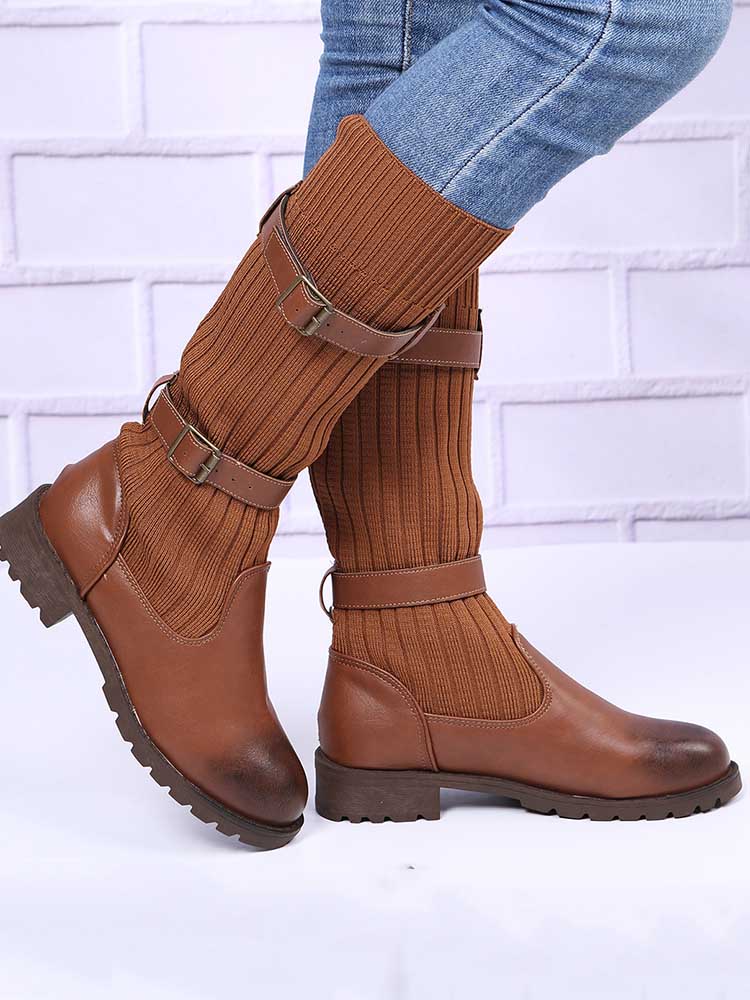 Leopard Knit Flat Heel Boots - ECHOINE
