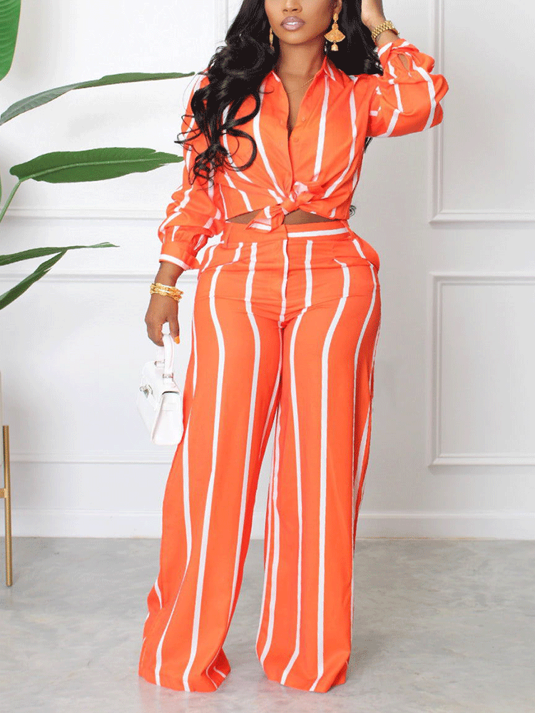 Striped Turndown Collar Long Sleeve Set - ECHOINE