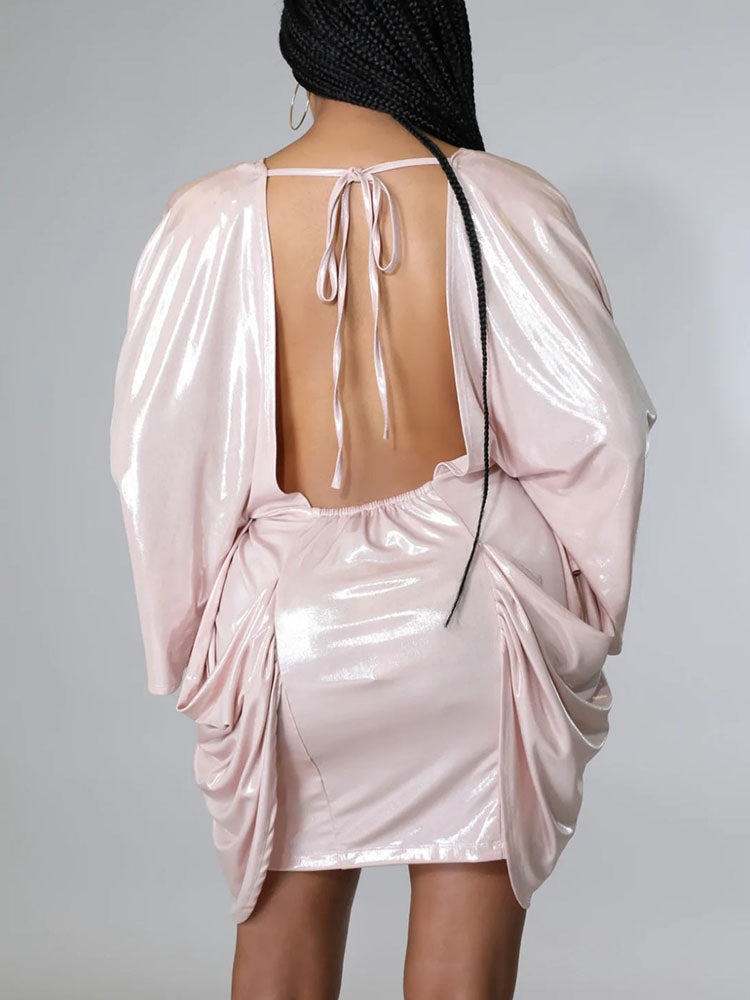 Glitter Batwing Sleeves Backless Mini Dress - ECHOINE