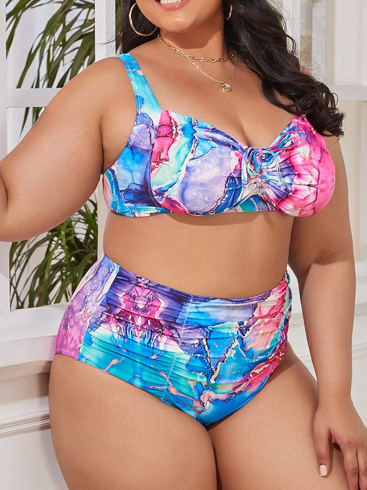 Two Piece Print Swimsuit With Drawstring - ECHOINE