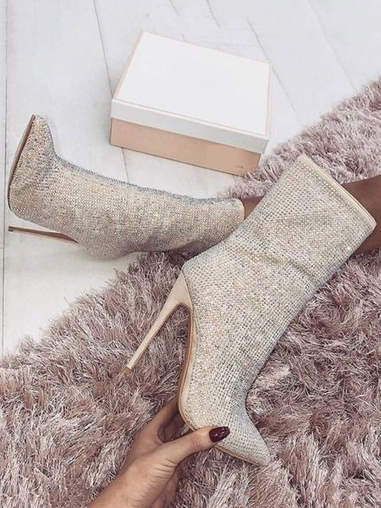 Rhinestone Pointed Toe Boots - ECHOINE