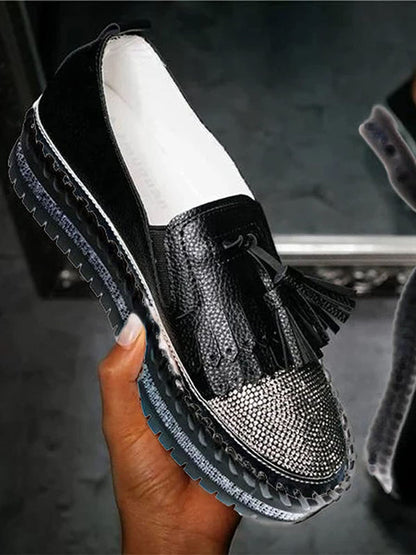 Rhinestones Tassel Slip On Loafers - ECHOINE