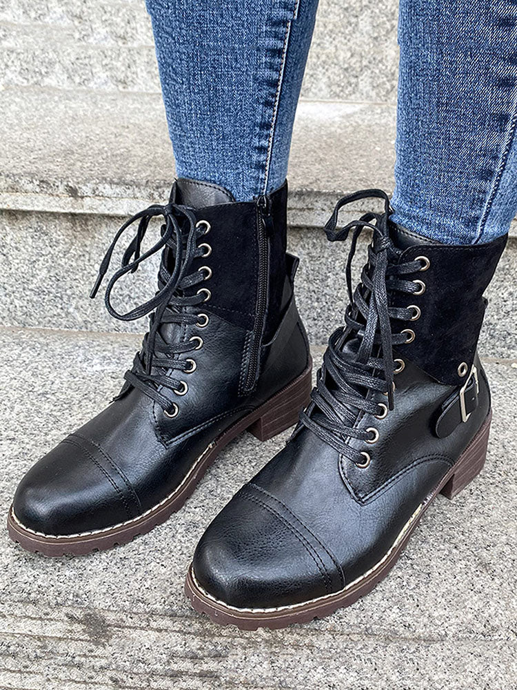 Chunky Heel Leather Boots - ECHOINE