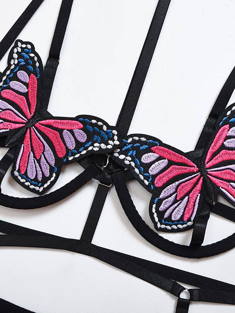 Butterfly Applique Underwire Harness Lingerie Set - ECHOINE
