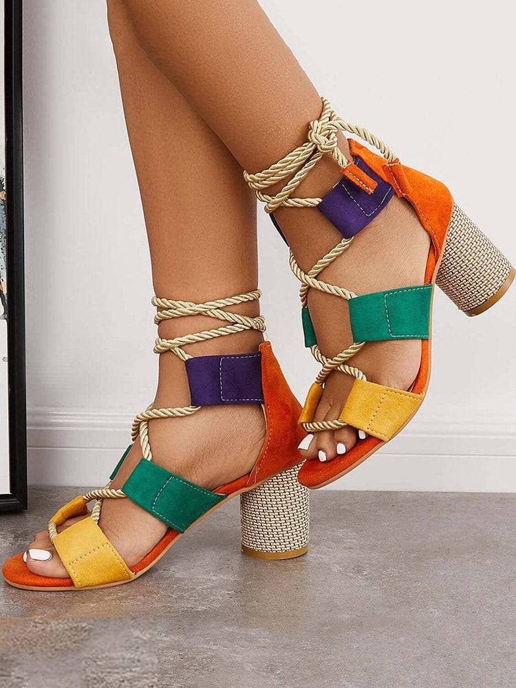 Lace Up Chunky Heel Sandals - ECHOINE