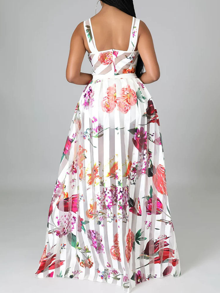 Strap Floral Printed Sheer Maxi Dresses - ECHOINE