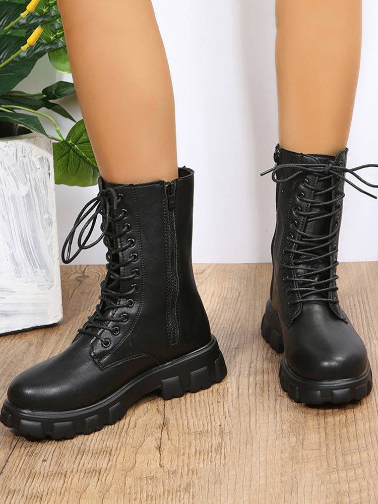 Lace Up Ankle Chunky Heel Boots - ECHOINE