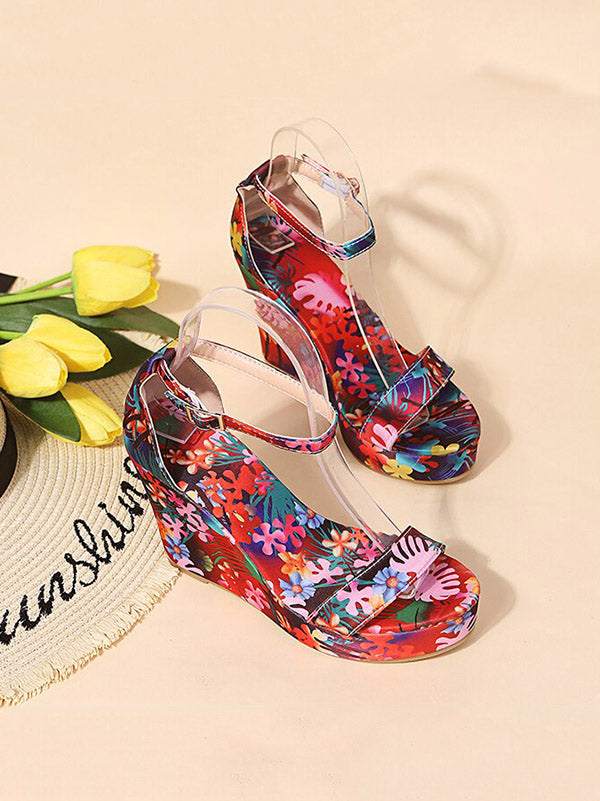 Printed Tropical Style Platform Sandals - ECHOINE
