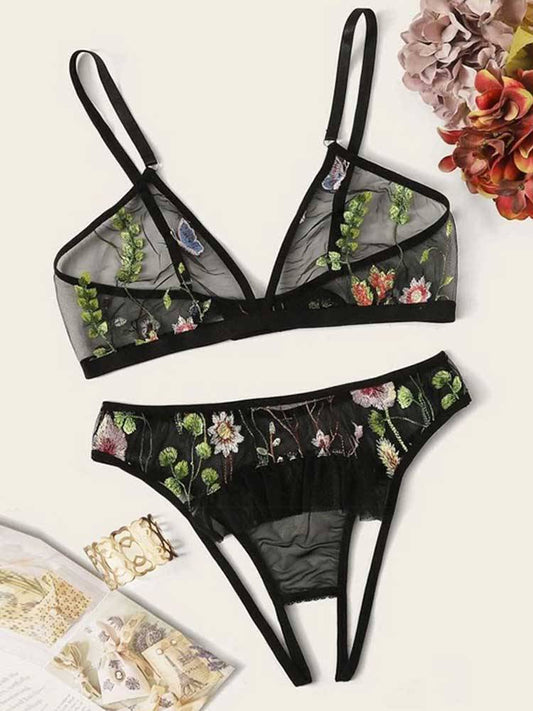 Embroidered Mesh Crotchless Lingerie Set - ECHOINE