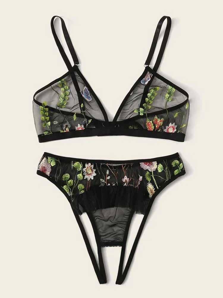 Embroidered Mesh Crotchless Lingerie Set - ECHOINE
