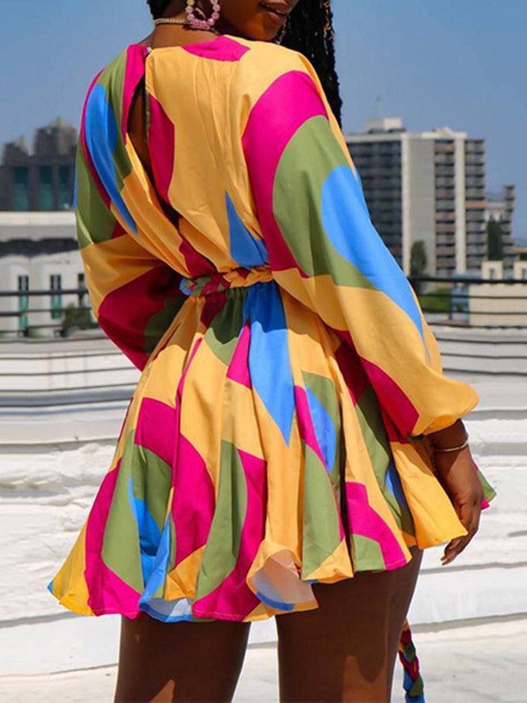 Tie Dye With Belt V Neck Dress - ECHOINE