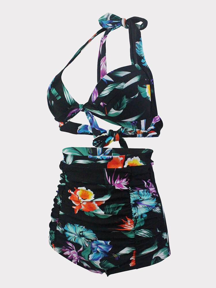 Floral Print Halter Swimsuit - ECHOINE