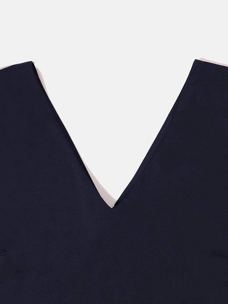 Long Sleeve Double V Neck Contrast Mesh Midi Dress - ECHOINE