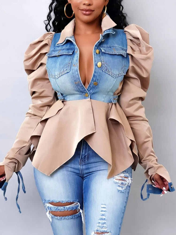 Denim Patchwork Asymmetrical Tops - ECHOINE