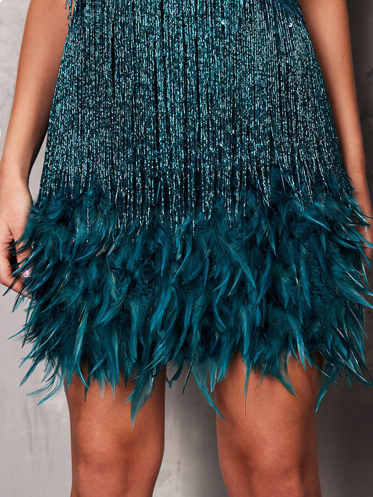 Feather Sequin Tassels Dress - ECHOINE