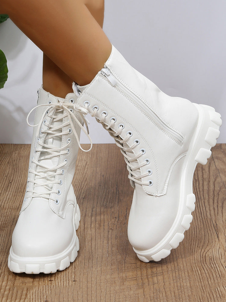 Lace Up Ankle Chunky Heel Boots - ECHOINE