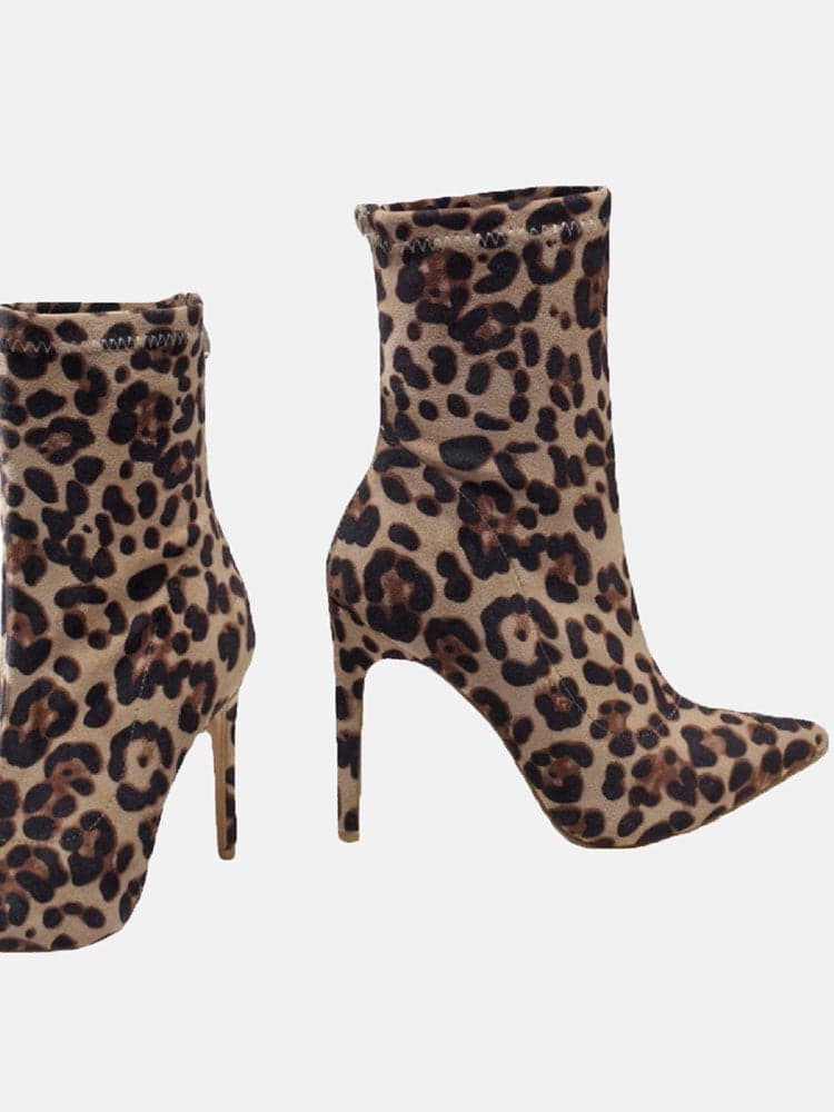 Point Toe Heeled Leopard Boots - ECHOINE