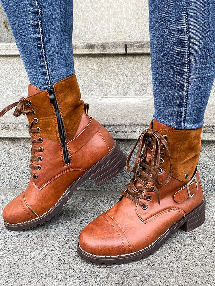 Chunky Heel Leather Boots - ECHOINE