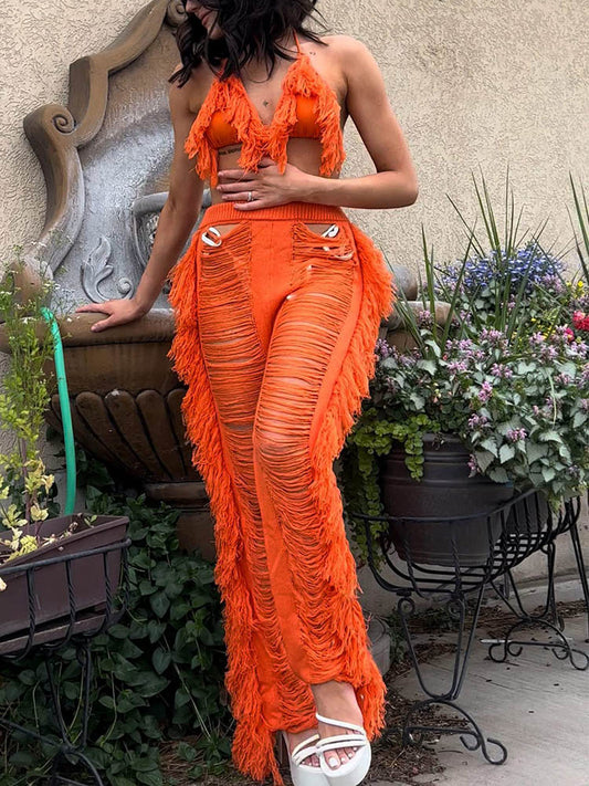 Fringe Trim Halter Crop Top & Pants Set - ECHOINE